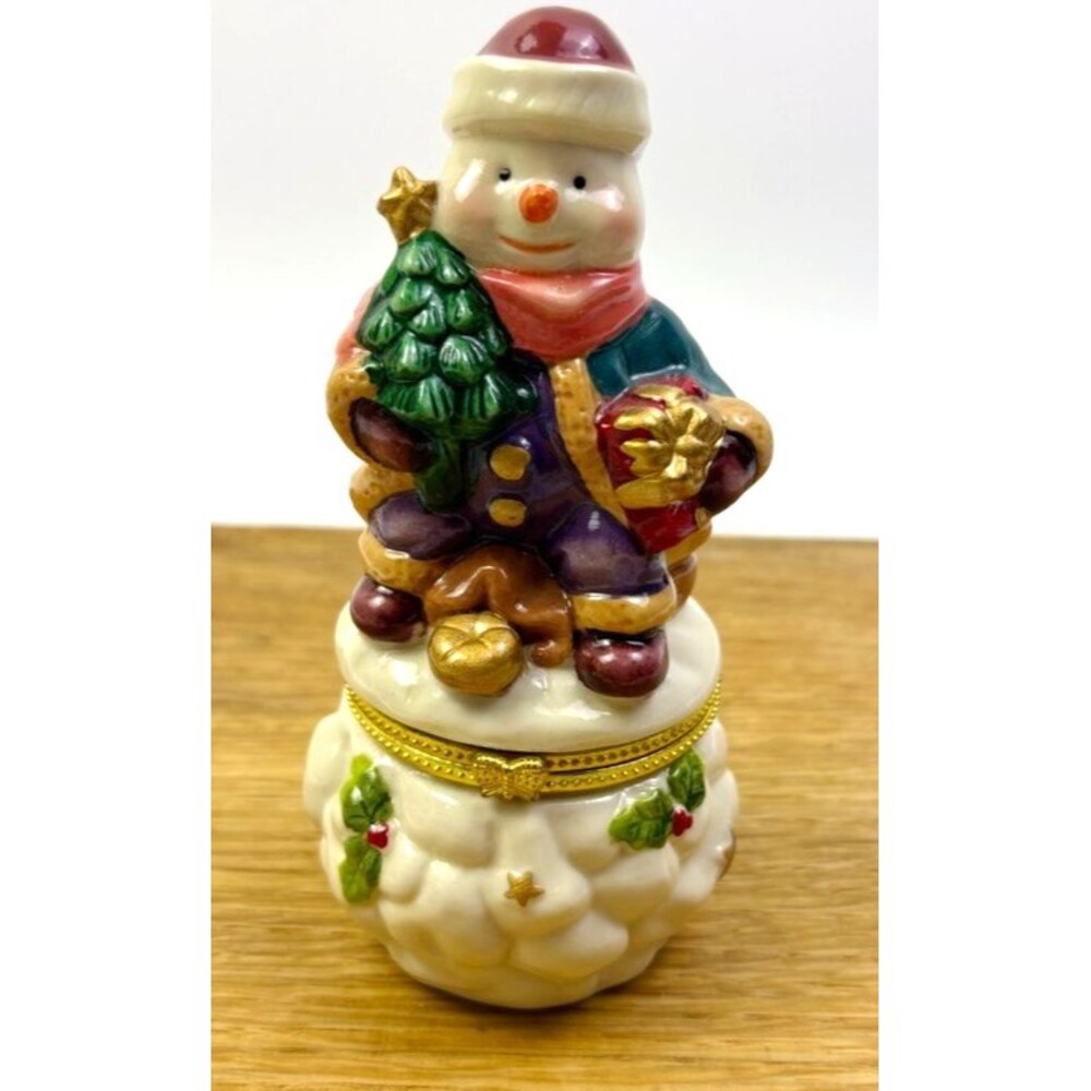 Vintage Christmas Snowman Hinged Trinket Box Ceramic Holiday Keepsake Decor